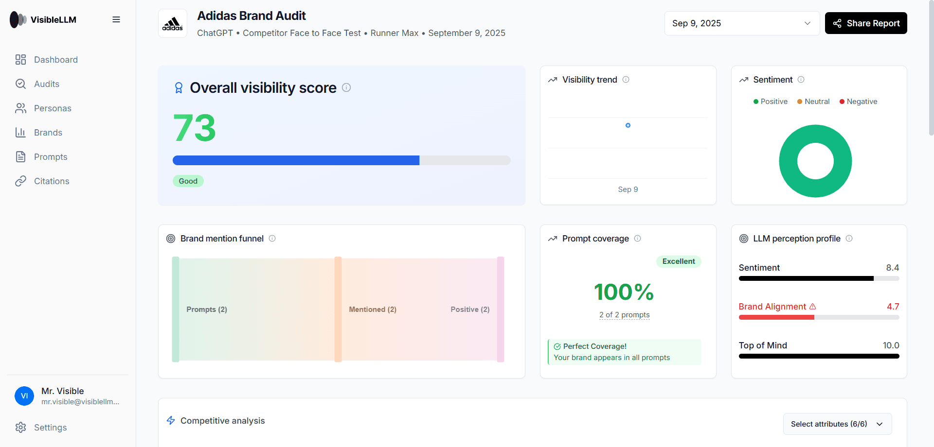 VisibleLLM Brand Audit Dashboard showing visibility scores, sentiment analysis, and brand metrics